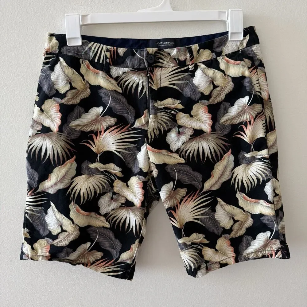 Scotch & Soda Men Sz 32 Tropical Palm Leaf Chino Shorts Black Botanical Coastal